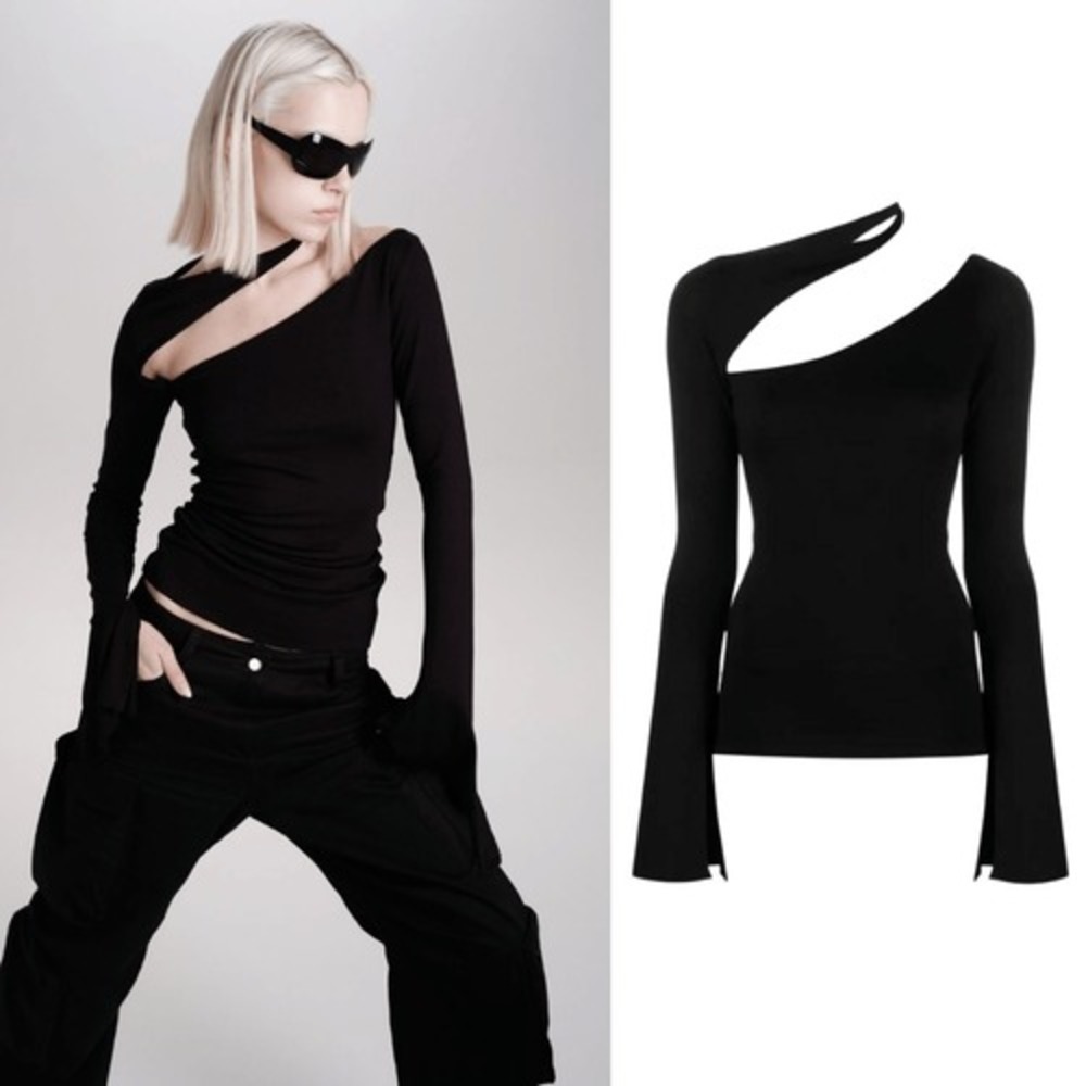 Revolve Manuri Top Black Sandy Asymmetric Cut Out Flare Sleeve Long Blouse Sz XS